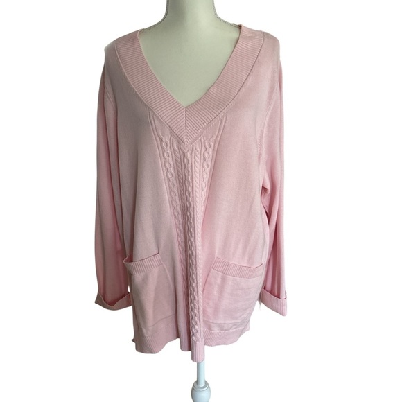 Isaac Mizrahi V-Neck Cable Knit Sweater - Pink and Gray Set of Two - Picture 3 of 5